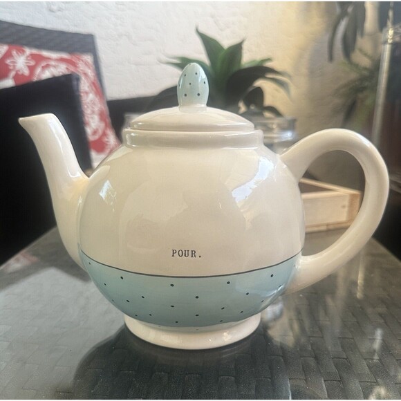 New Rae Dunn Artisan Collection By Magenta Blue Polka Dot POUR Teapot - Picture 1 of 8